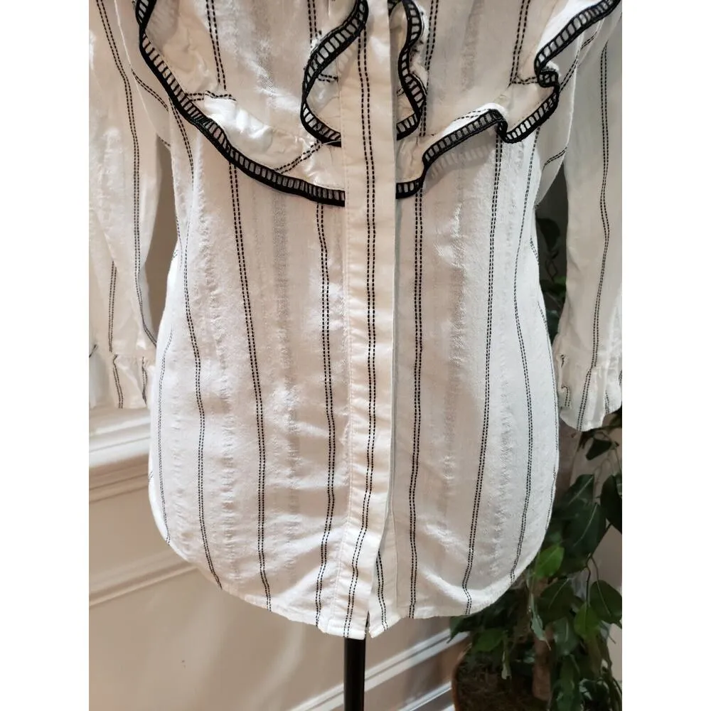 Karl Lagerfeld Women's White Striped Cotton Long Sleeve Button Down Shirt Small - Image 3