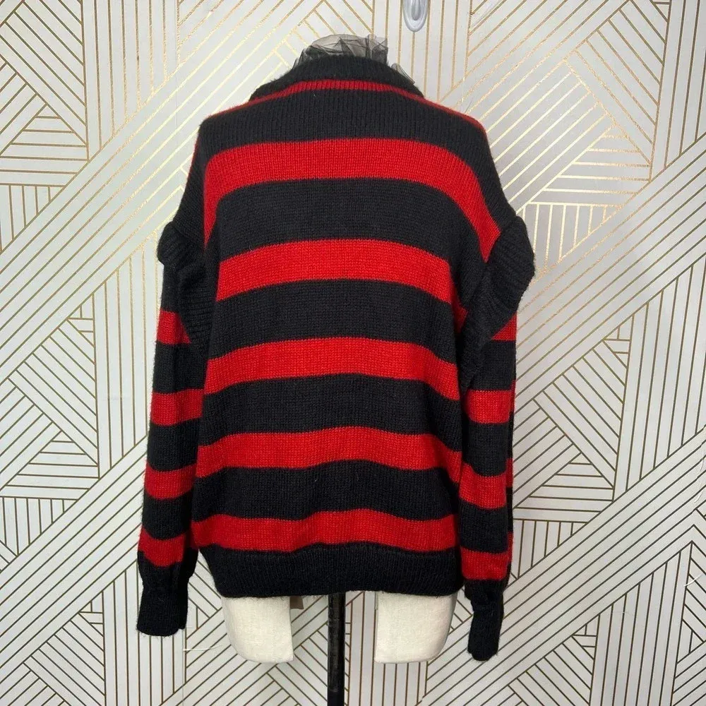 Zara Striped Sweater with Tulle Neck Red‎ Black Size Medium - Image 8
