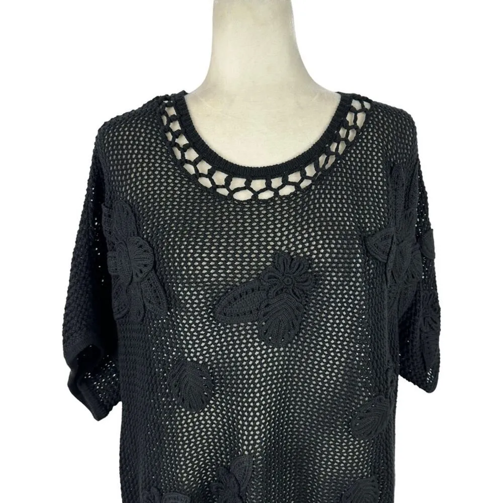 New Chico's Black Floral Crochet Applique Open Knit Short Sleeve Sweater Size XL - Image 5