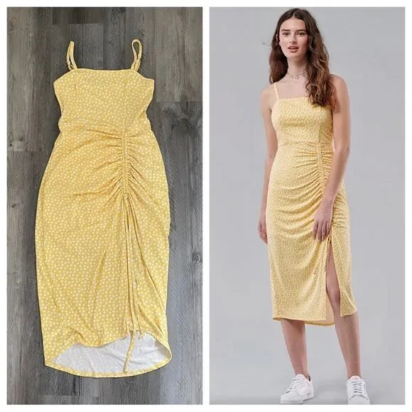 Hollister Midi Dress Cinched Yellow White Floral Adjustable Small Stretch - Image 2