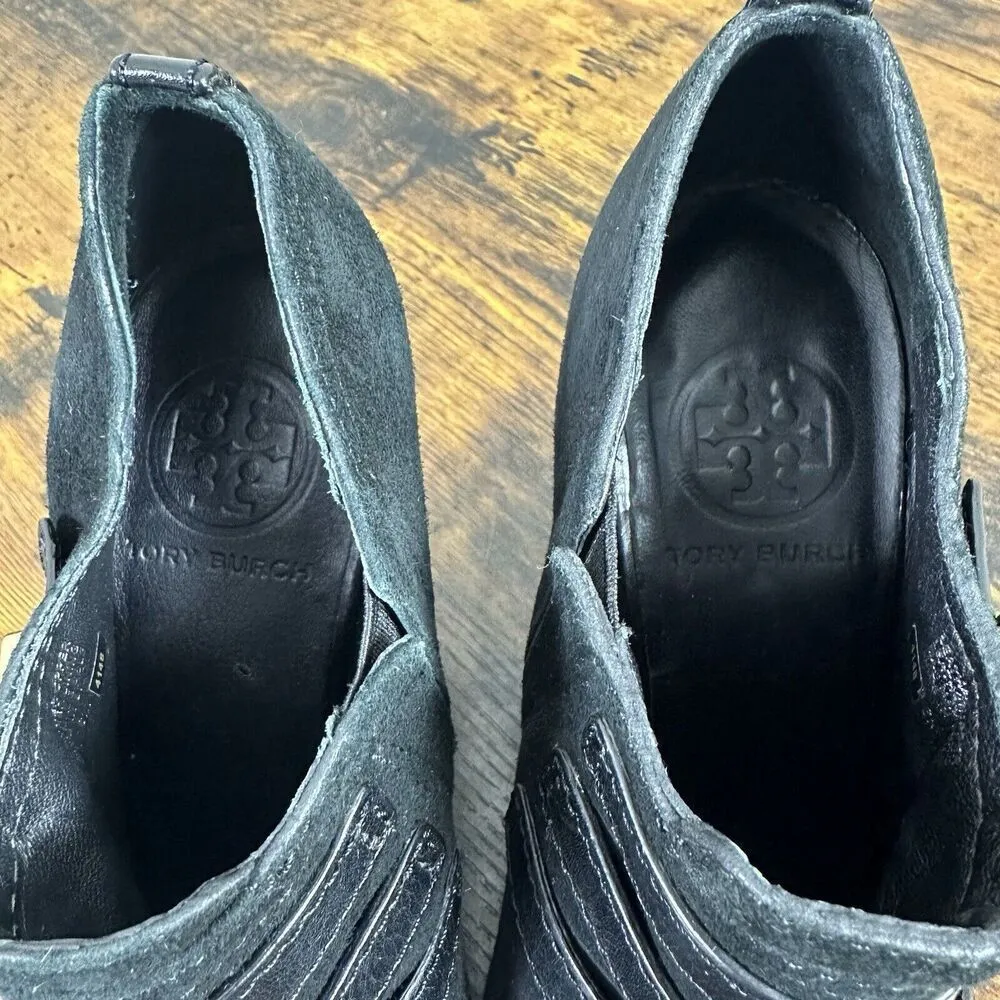 Tory Burch Gabrielle Buckle Suede Black‎ Wedge Booties Size 6 - Image 6