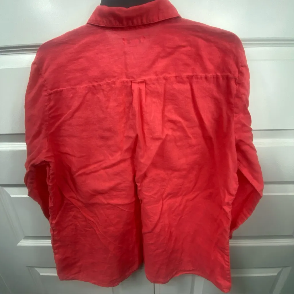 Old Navy Linen Blouse Minimalist Quarter Button Cuffed Sleeve XL Rebellion Red - Image 7