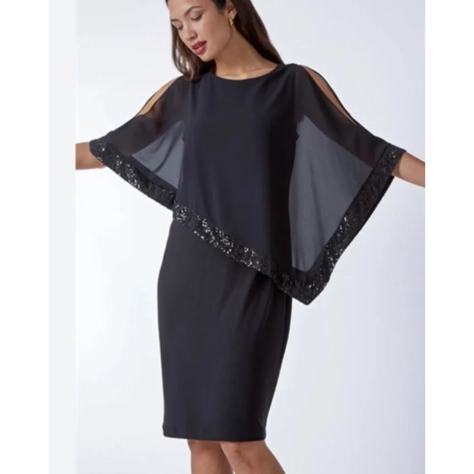 Scarlett Women's Cape Sequence‎ Shift Dress Black 10 Cocktail Wedding Party - Image 4