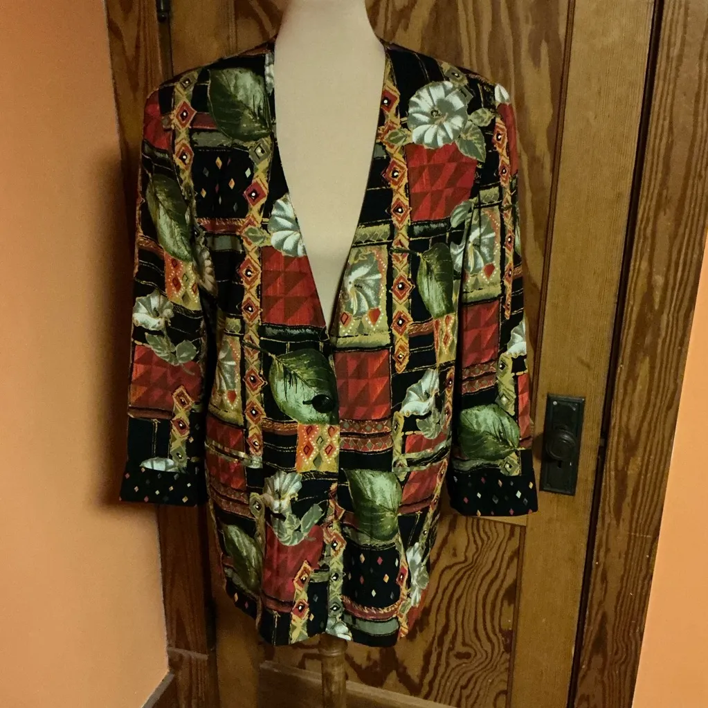 Vtg 80s bright colorful patchwork and floral blazer Size 14 - Image 8