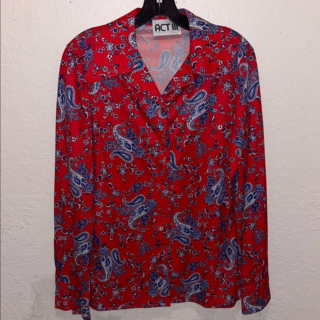 70’s Vintage Floral Paisley Pointed Collar Button Up Blouse Shirt Long Sleeve Size M - Image 3