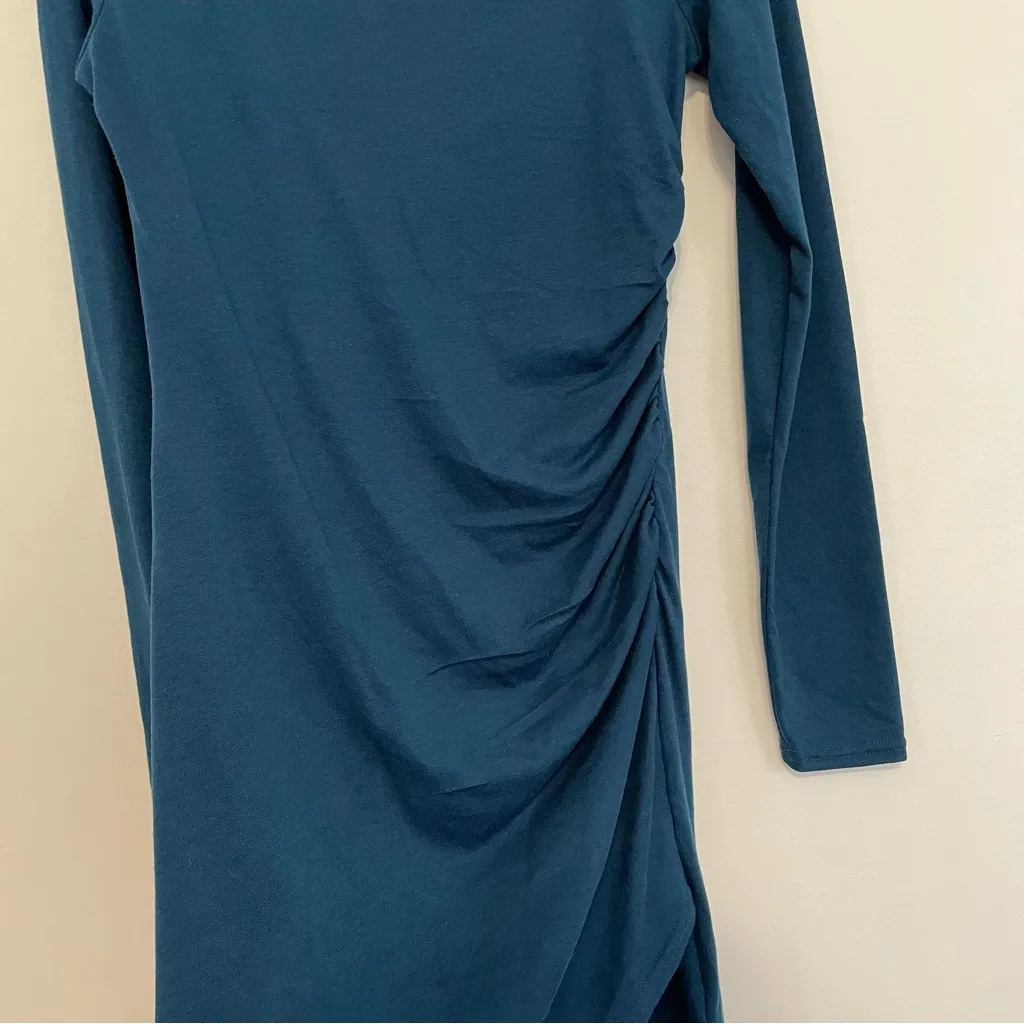 LEITH NORDSTROM Long Sleeve Ruched Dress Solid Teal Faux Wrap Mini Bodycon Dress - Image 8
