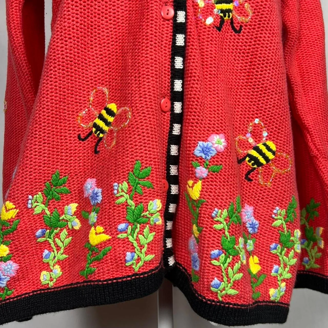 Vintage The Quacker Factory Embroidered Bee & Floral Cardigan (Size M) Size M - Image 6