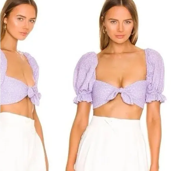 Lavender Puff Sleeve Crop Top For Love & Lemons NWT Smocked Embossed Revolve $98 - Image 4