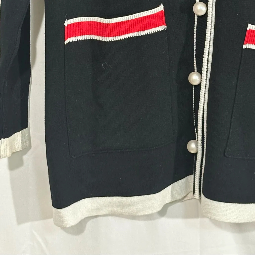 Zara Knit Pearl Button Cardigan Sweater Black White Trim Red Pockets Women’s S - Image 3