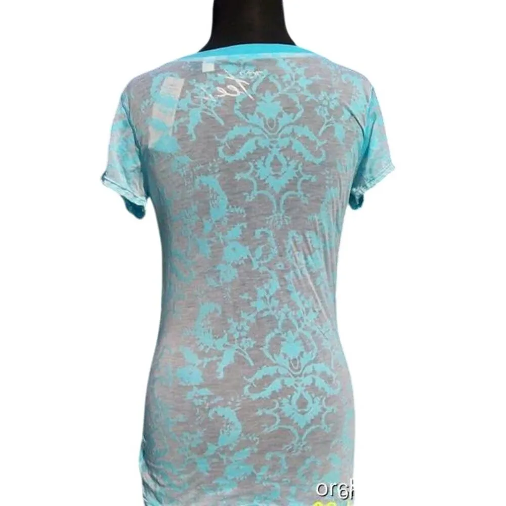 Cache Blue Stretch Bamboo Flower Burn Out Tee Top Peek A Boo Soft V Neck NWT $78 - Image 6