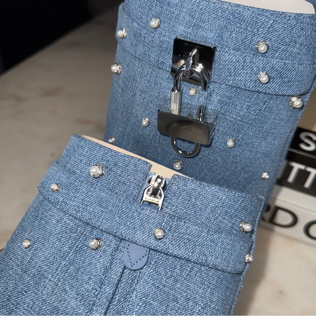 Givenchy 40 Shark Lock Pearl-Embellished Denim Ankle Boots - Image 10