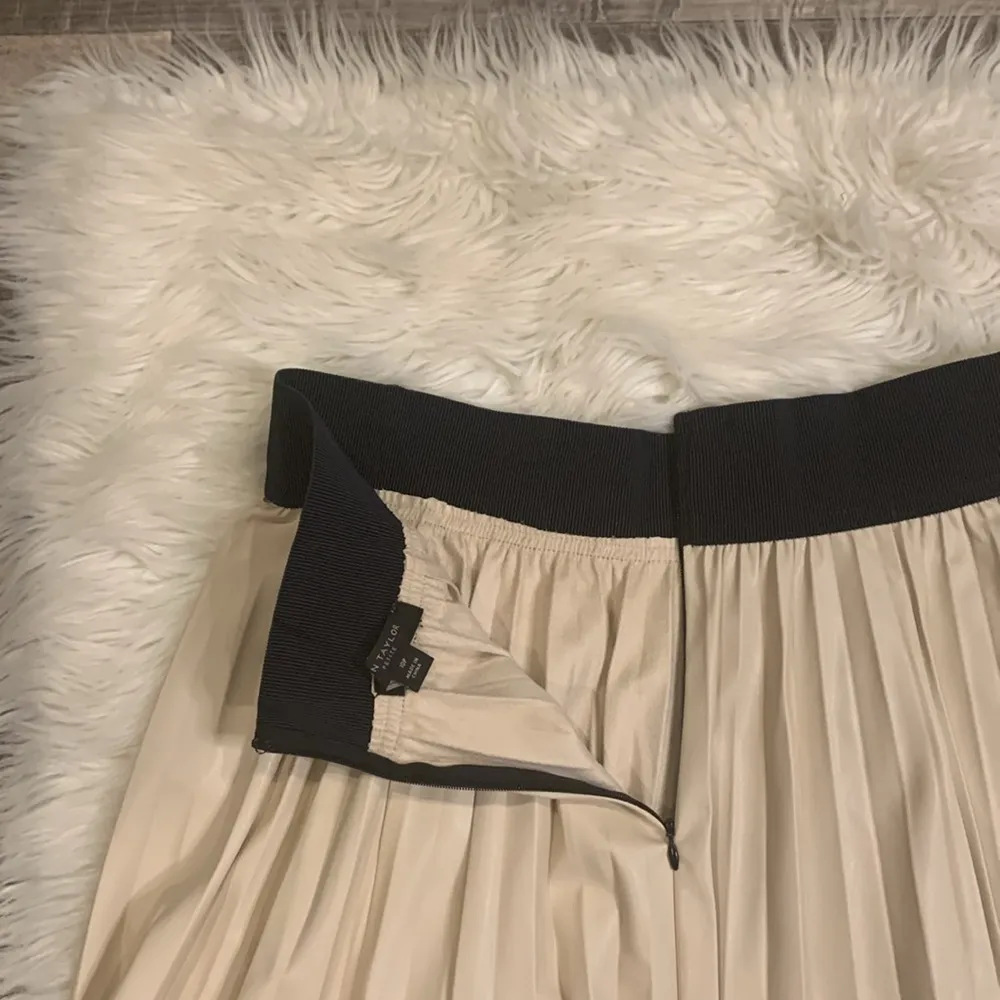 Ann Taylor faux leather pleated skirt cream navy 10P - Image 6