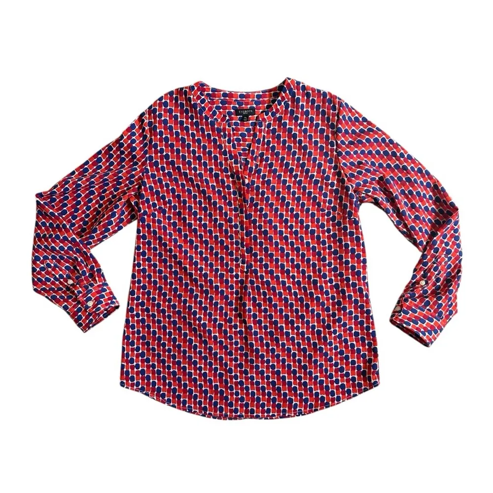 Talbots Petite Size Medium MP Boxy Popover Blouse Red Blue Geometric Print - Image 2