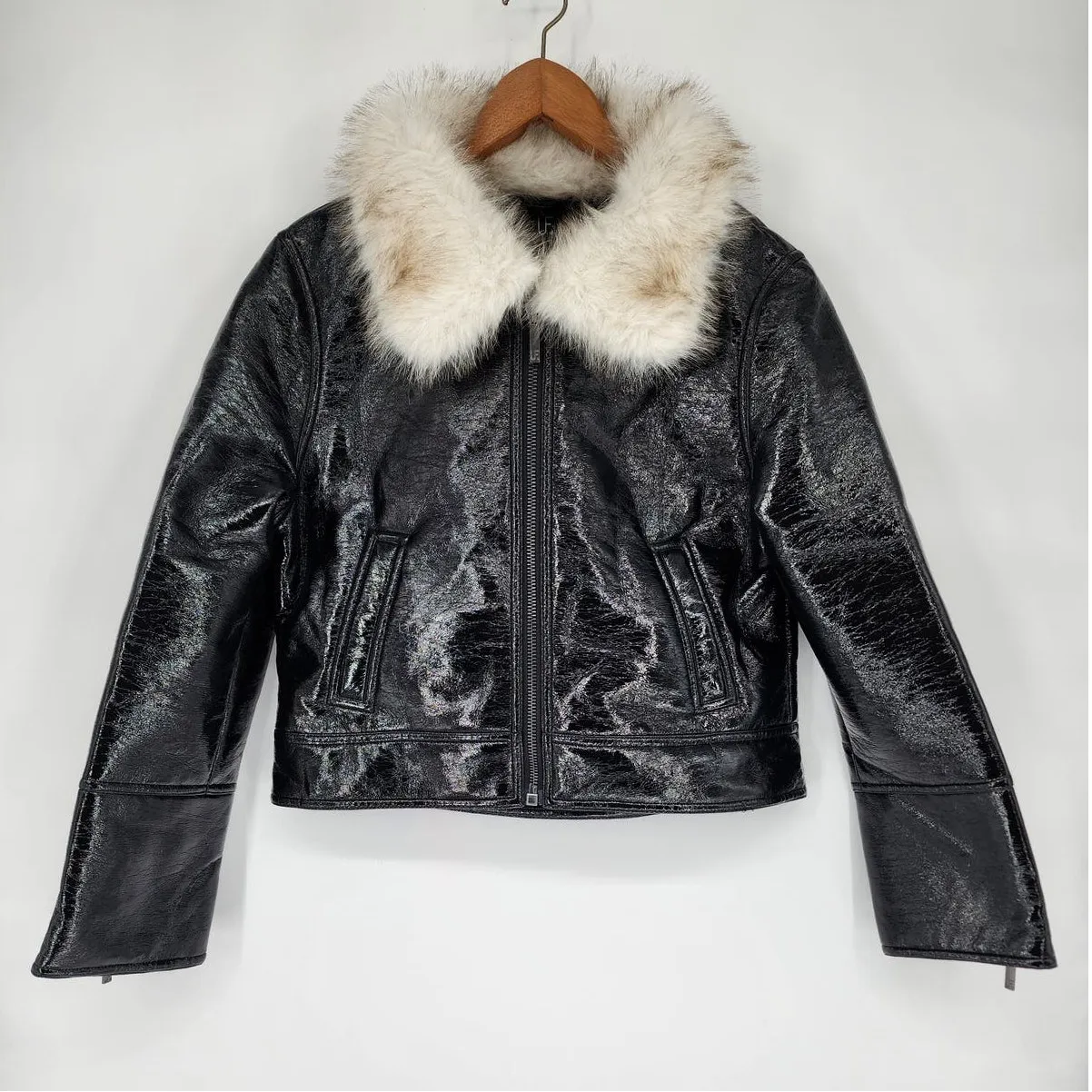 Unreal Fur Black Wet Look Aviator Jacket Faux Leather & Fur Collar Women’s XL - Image 8