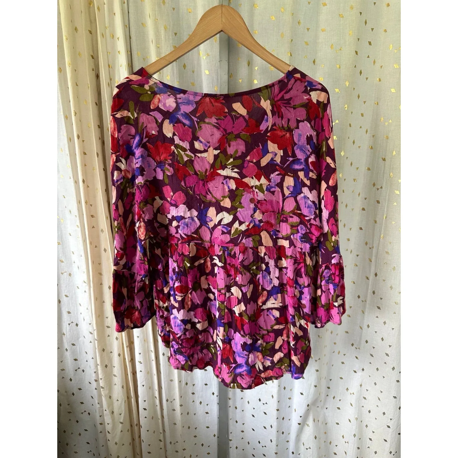 Andree By Unit All Over Watercolor Floral Bell Sleeves Empire Babydoll Blouse S - Image 4