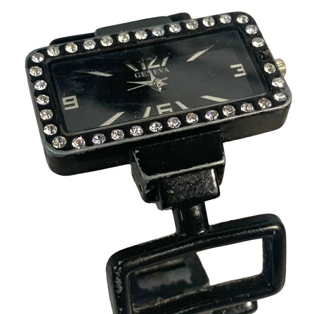 Vintage Geneva Rhinestone Black Silver Tone Women's Watch - Image 3