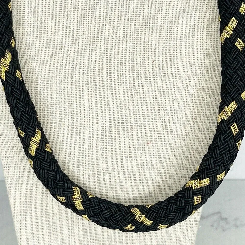 Black and Gold Tone Barrel Braided Soft Necklace - Image 5