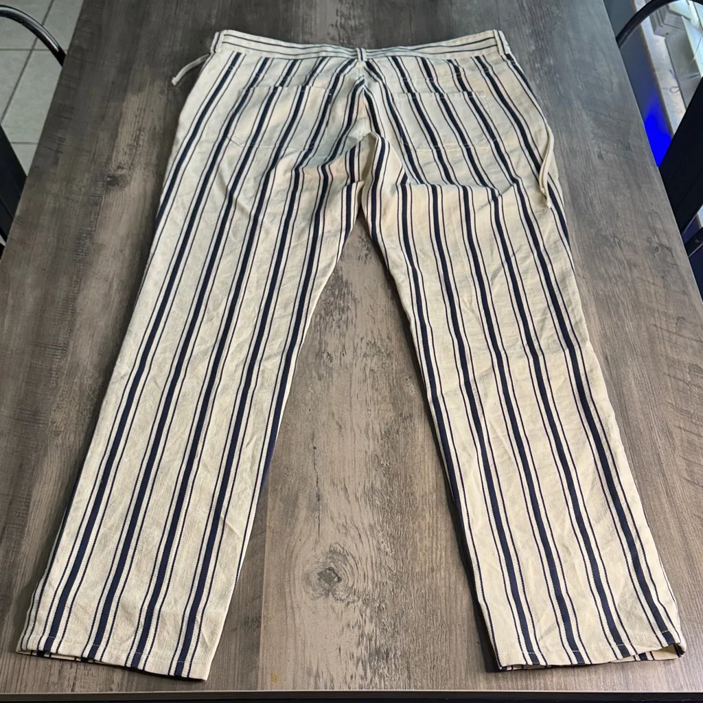Vanessa Bruno Cream and Navy Striped Straight Leg Pants With Lace Up Side Detail Blue Size undefined - Image 7