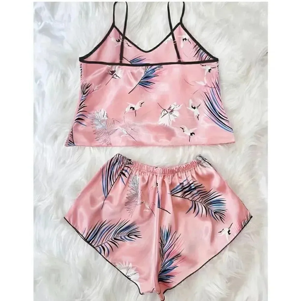 Bohemian Retro Plant Print Pajama Set, V Neck Cami Top & Short SZ S # 1634 Pink - Image 2