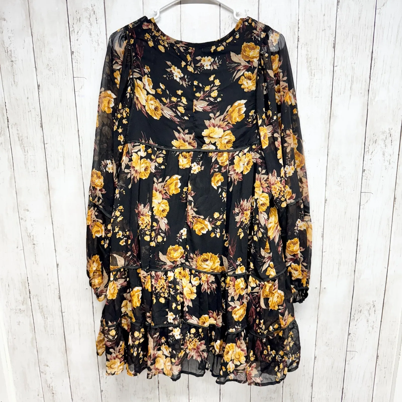 Blue Rain Dress Women Size Large Floral Ruffle Smocked Long Sleeve Swing Mini - Image 8