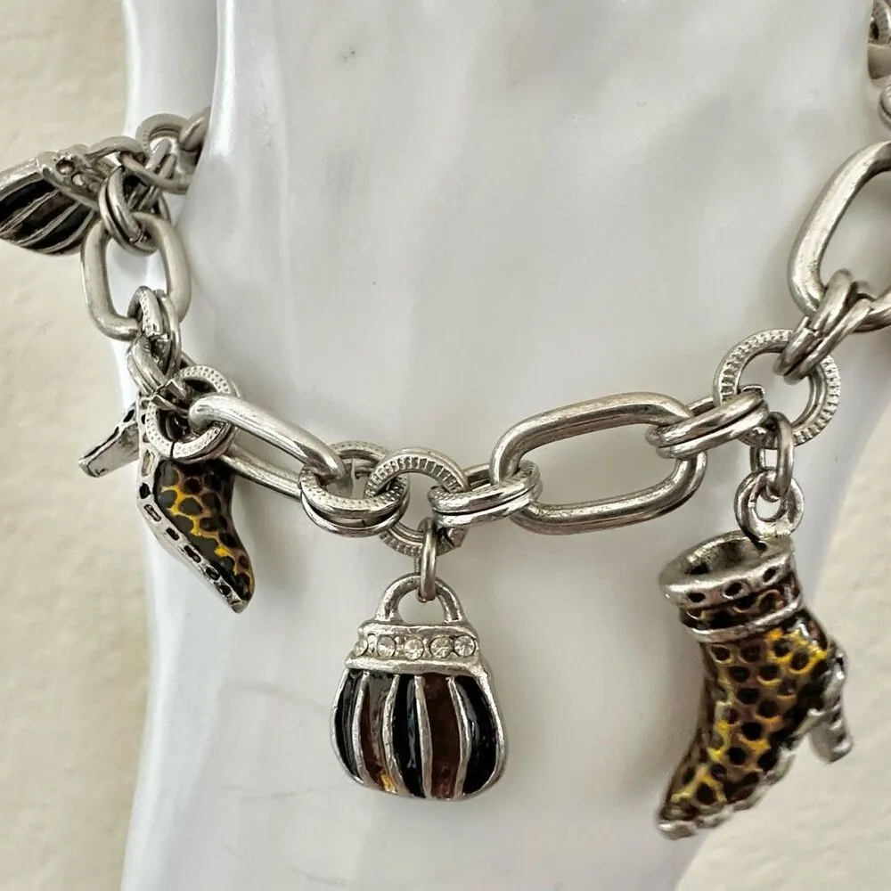Silver tone Cookie Lee Fashionista High Heel Shoes Purses Charm Bracelet - Image 5
