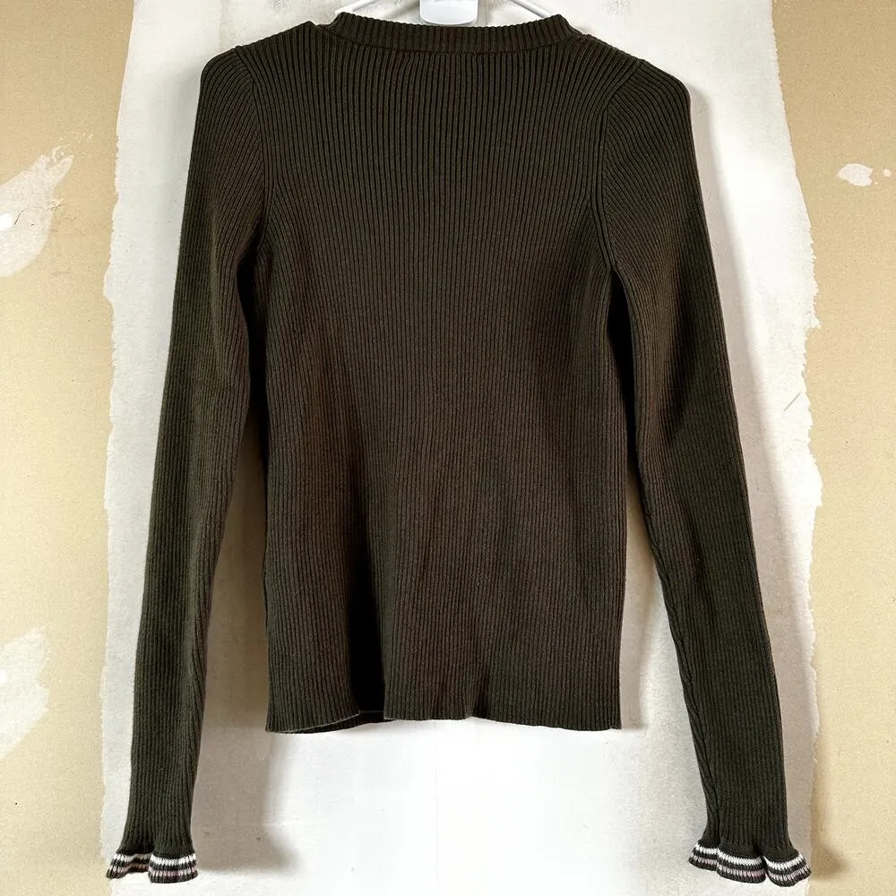 Madewell  Ruffle Cuff Henley Sweater Ribbed Knit Pullover Slim Fit Green Medium - Image 6