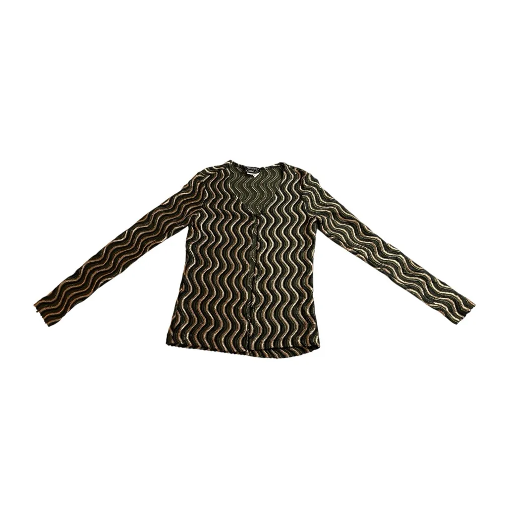 Anxiety Café Metallic Sheer Wavy Mesh Button Front Top M Vintage Y2K Retro Glam Black Size undefined - Image 3