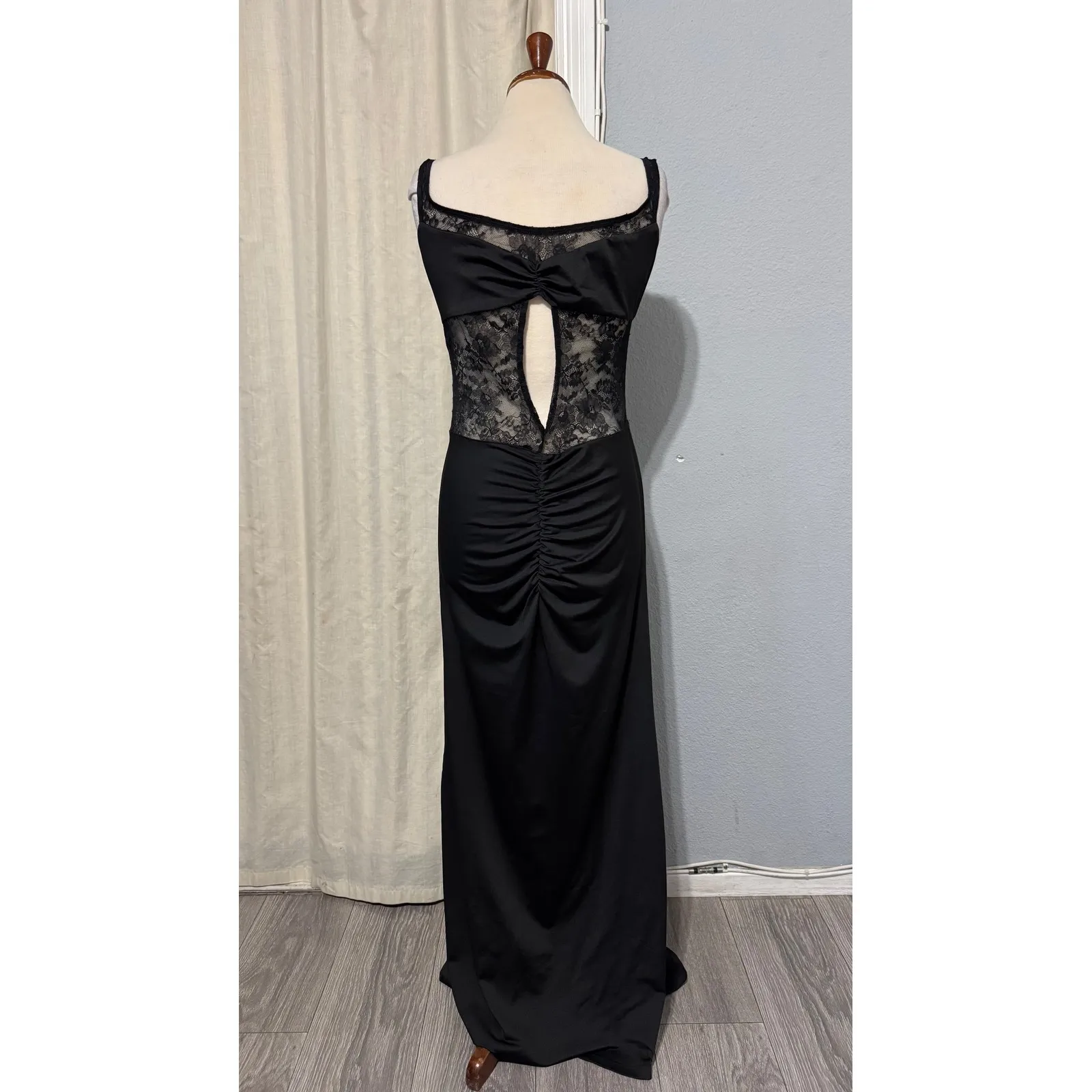 SHEIN Black Lace Trim Ruched Bodycon Maxi Dress Formal Evening Gown Whimsigoth L - Image 4