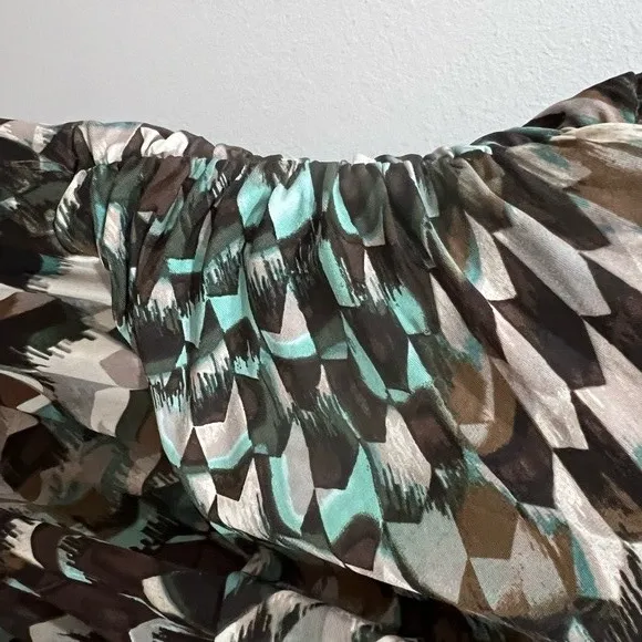 Flattering ruched brown tan and aqua wrap geometric print dress size 10 - Image 6