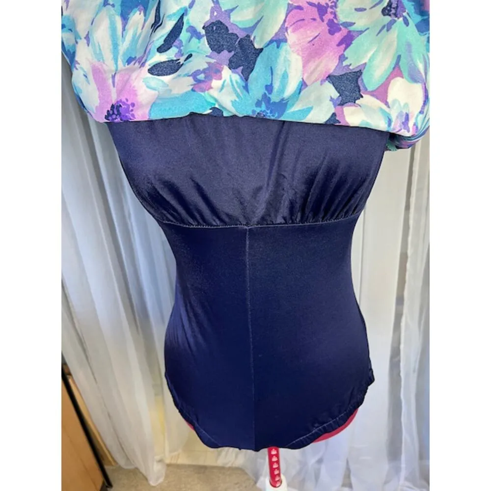 Le cove one piece swimsuit Vintage floral tankini look blue purple white Size 12 - Image 4