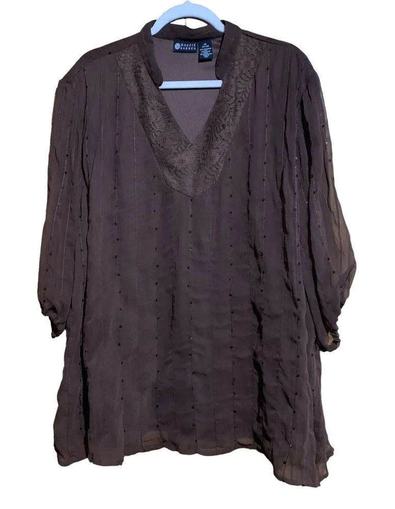 Maggie Barnes Womens Size 2X 22 24 Brown Sequin Embellished Tunic Top Blouse - Image 1