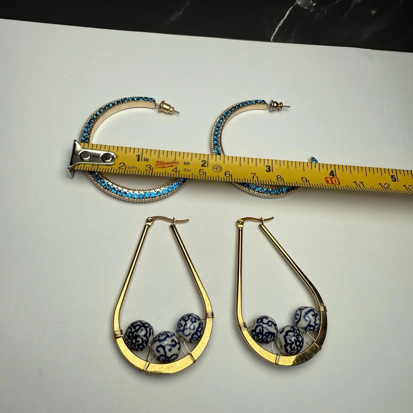 Hoop Pierced Earrings Lot Of 2 Gold Tone Blue Rhinestone / Blue Bead Mix - Image 3