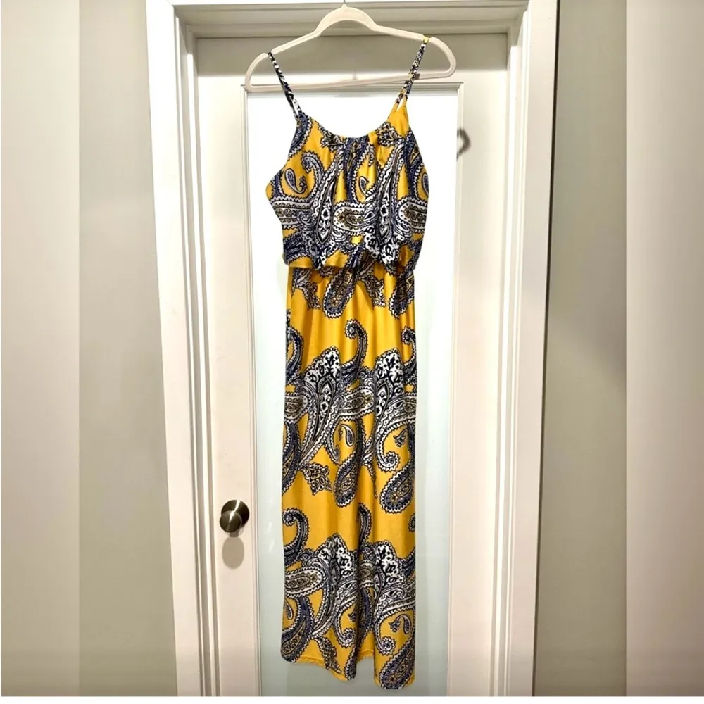 Magic Yellow Paisley Maxi Dress Size M • Adjustable Straps • Boho Preppy - Image 2