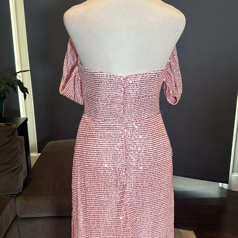 Women’s Pink Sequined Off the Shoulder Prom Party Dress Leg Slit Zip Back Size 2 - Image 6