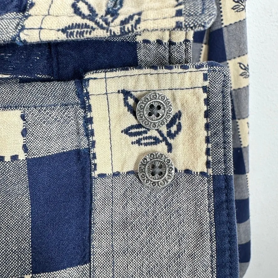 Blair Women's Blue Beige Plaid Leaf Print Button Up Shirt Cottagecore Checkered - Image 9