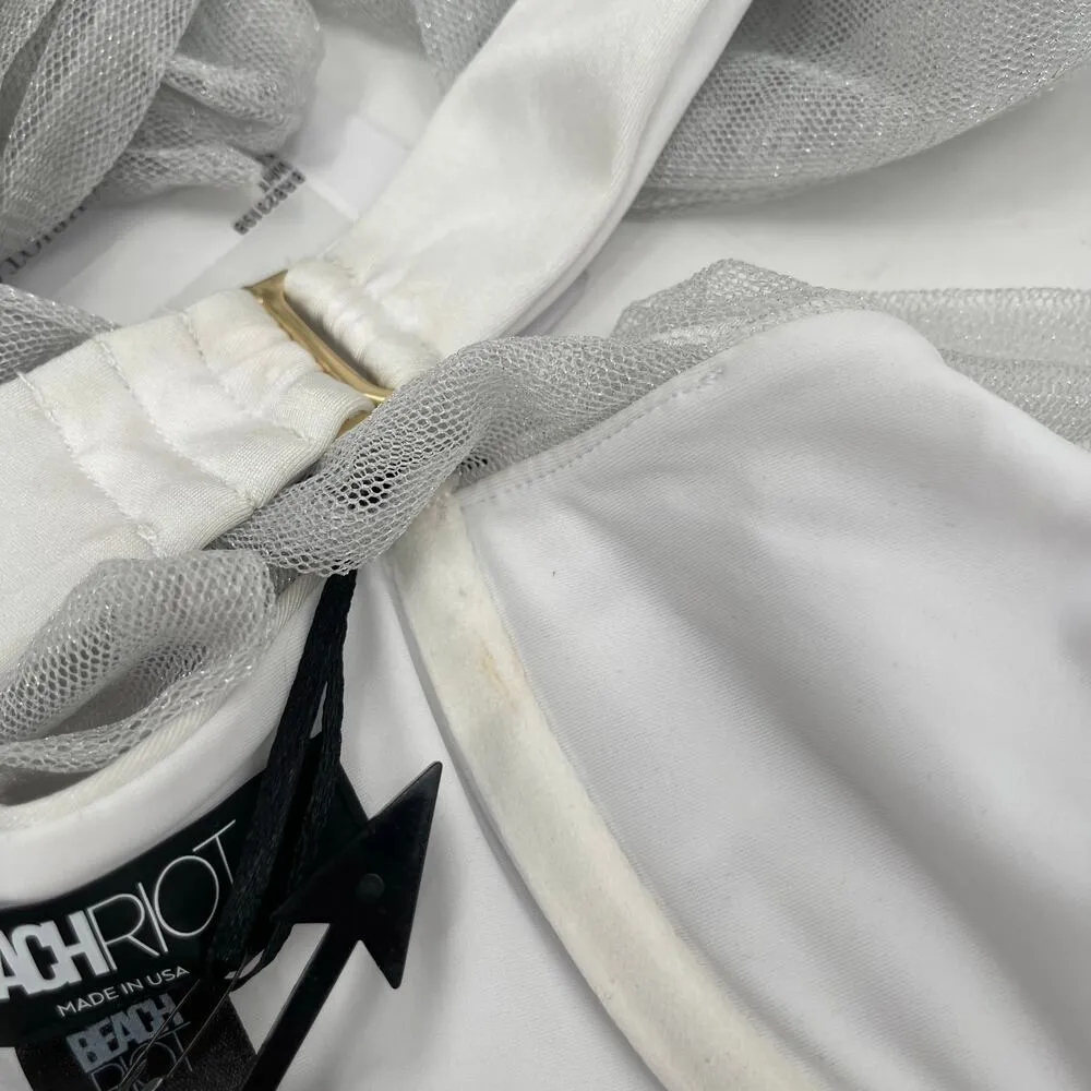 Beach Riot Drea Bikini Top Size Extra Large Bridal White Silver Mesh Bows NWT - Image 15