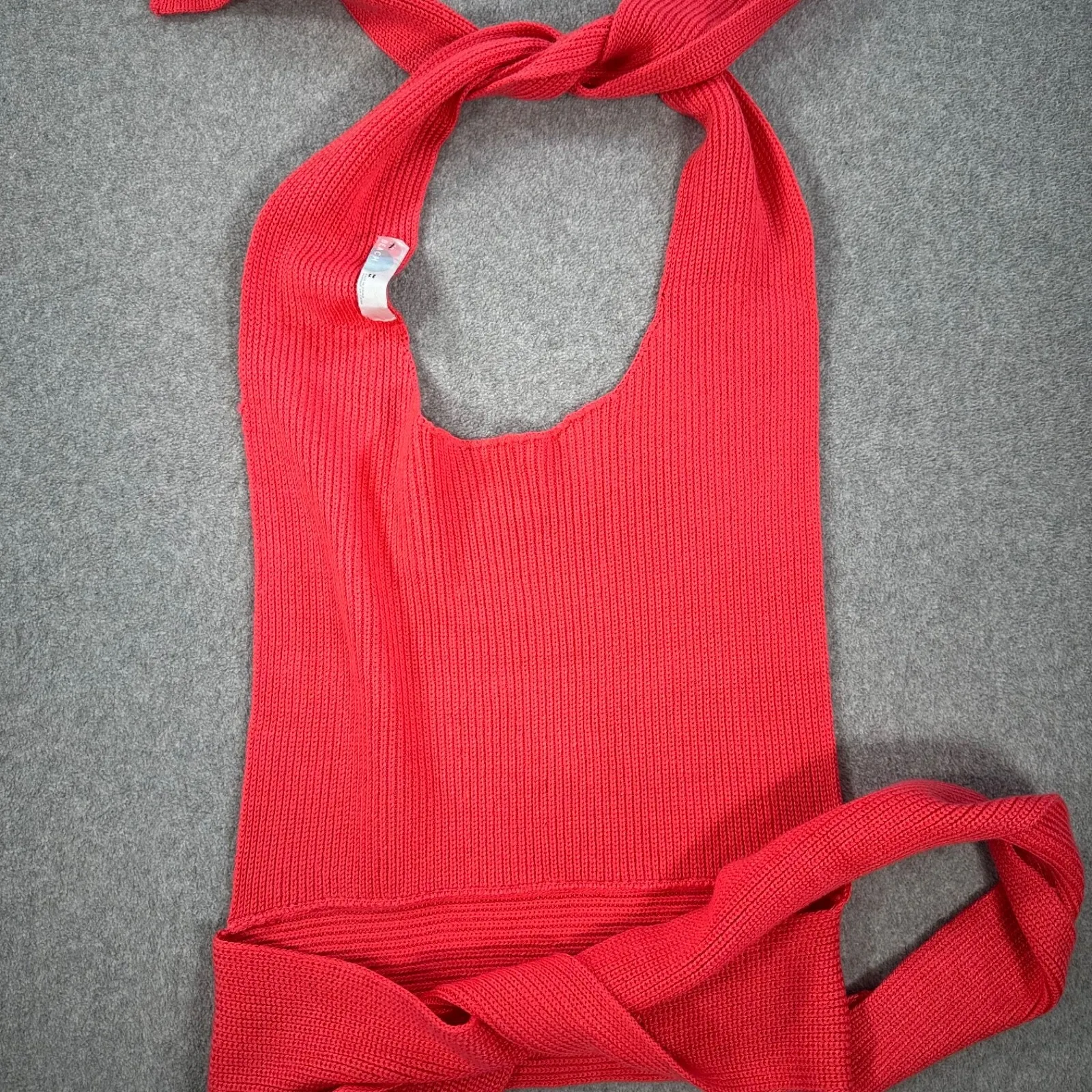 Free People Beach Open Back Knit Halter Top Women's Medium Coral Pink Tie Bow - Image 9