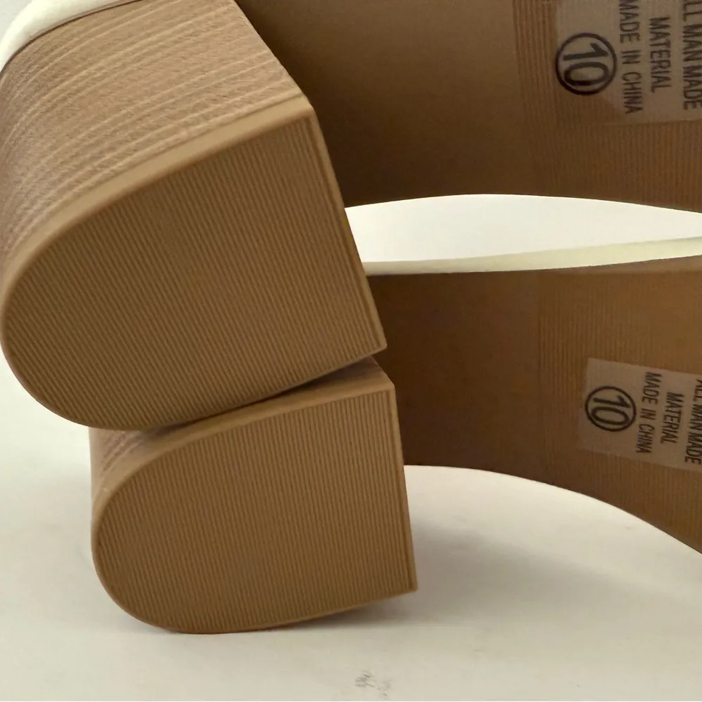 White Block Heel Sandals Size 10 Buckle Faux Leather Chunky Minimalist Heels - Image 6