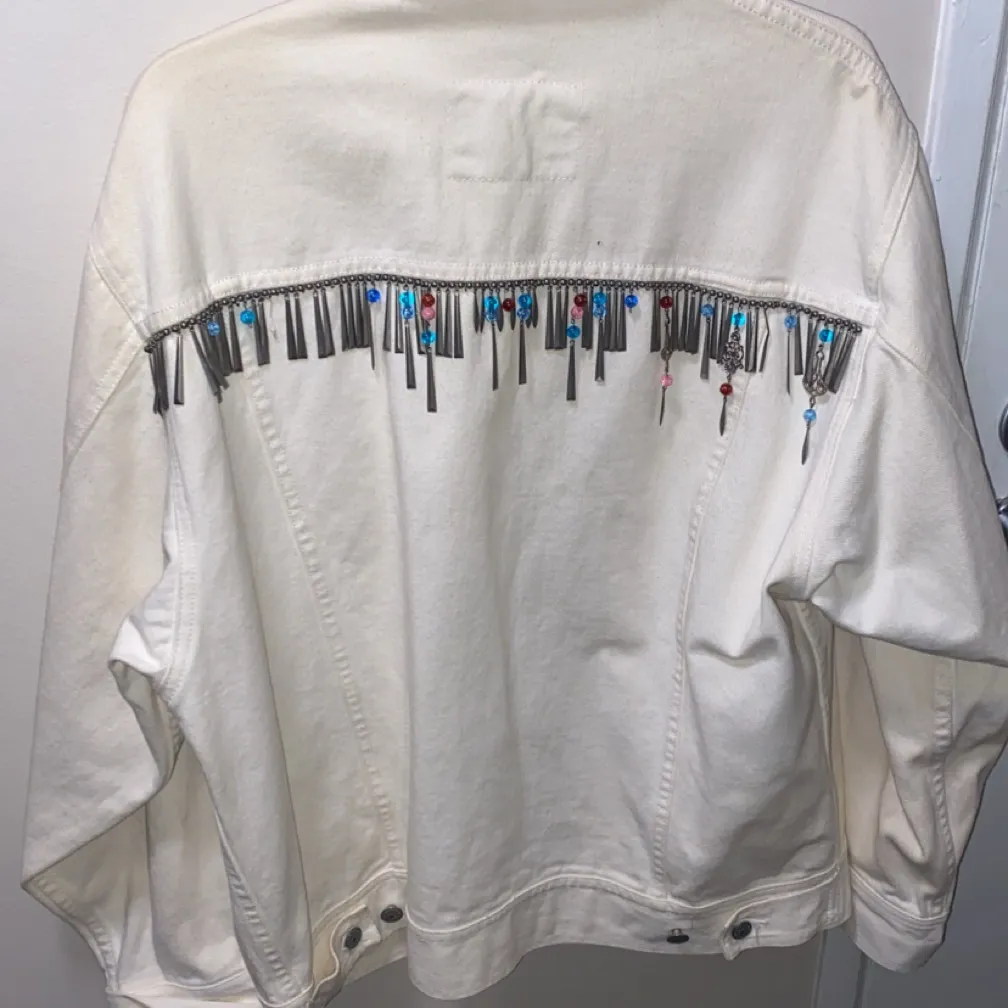 Freego Cream Jean Jacket western style w/ fringe. Vintage embellished, Large - Image 2