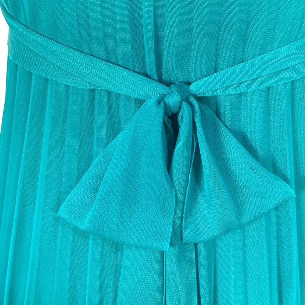 Teal Chiffon Pleated Dress S Rhinestone Belt Bow Tie Knee Length Cocktail Prom - Image 6