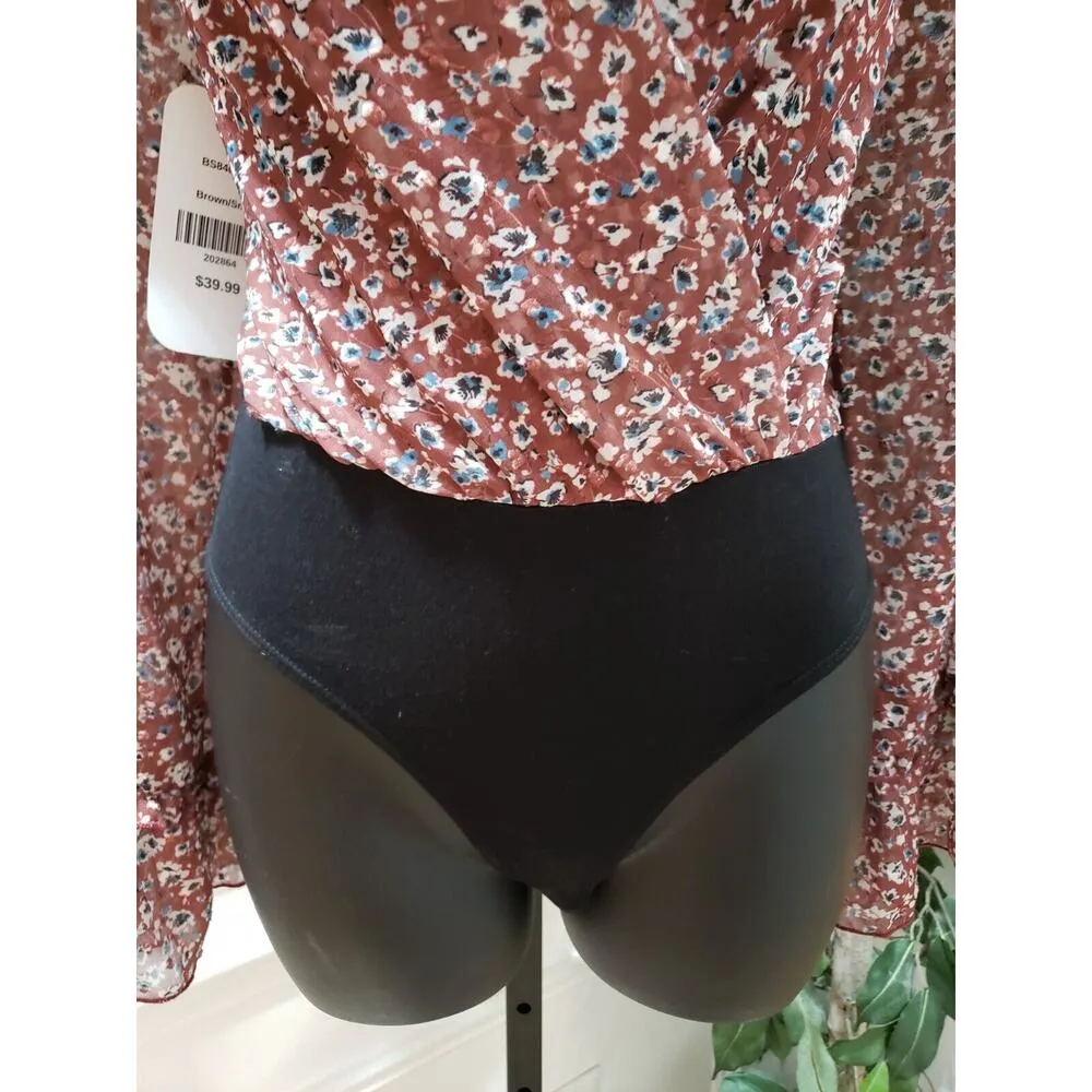 Dress Up Women's Brown Floral 100% Polyester V-Neck Long Sleeve Bodysuit Small - Image 3