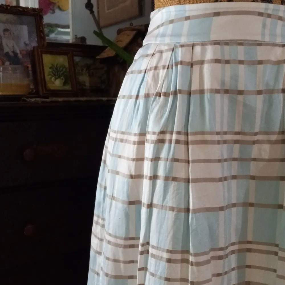 Pendleton Blue & White Plaid Striped Silk Retro Pleated A-line Pocket Midi Skirt - Image 3
