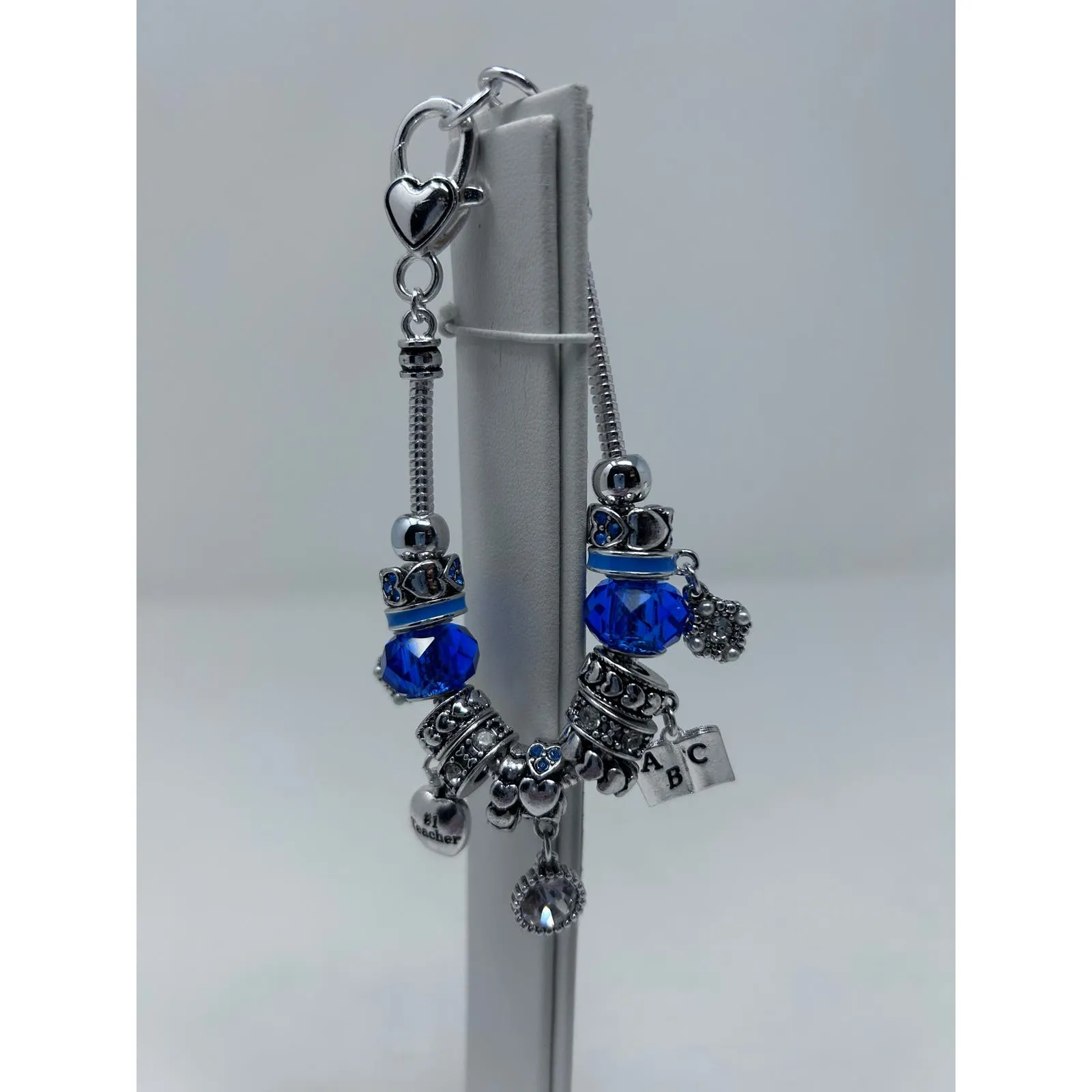 Teacher Charm Bracelet Blue Apple #1‎ Teacher Book ABC Heart Spacers 8" Long - Image 3
