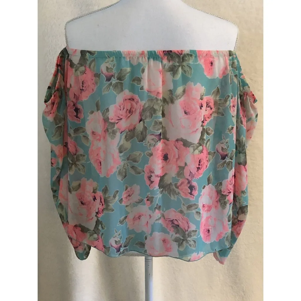 Style Rock ~ Small ~ Off The Shoulder Long Sleeve Shear Flora Blouse Green - Image 5