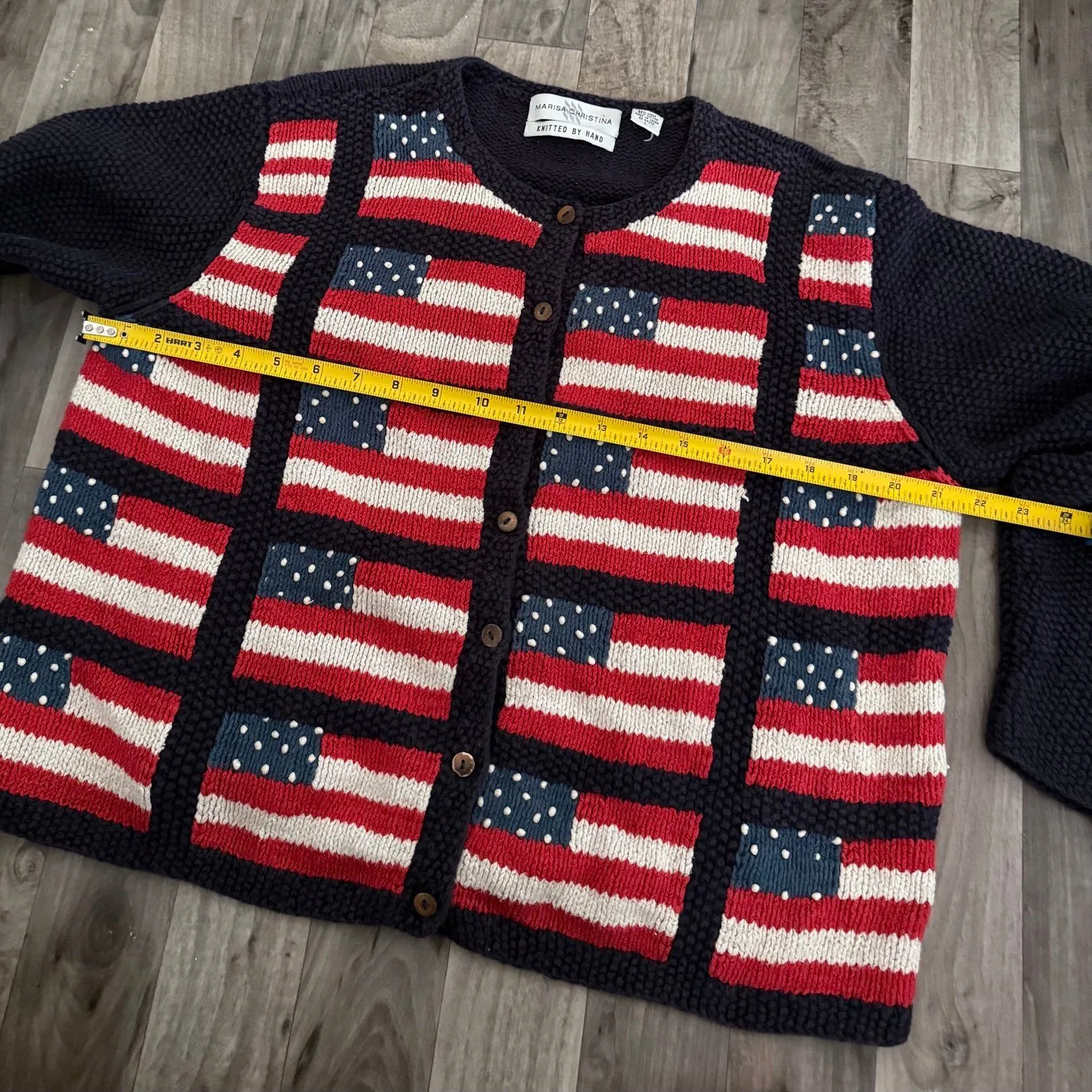 Vintage retro navy blue American flag handknitted sweater cardigan linen cotton Size L - Image 5