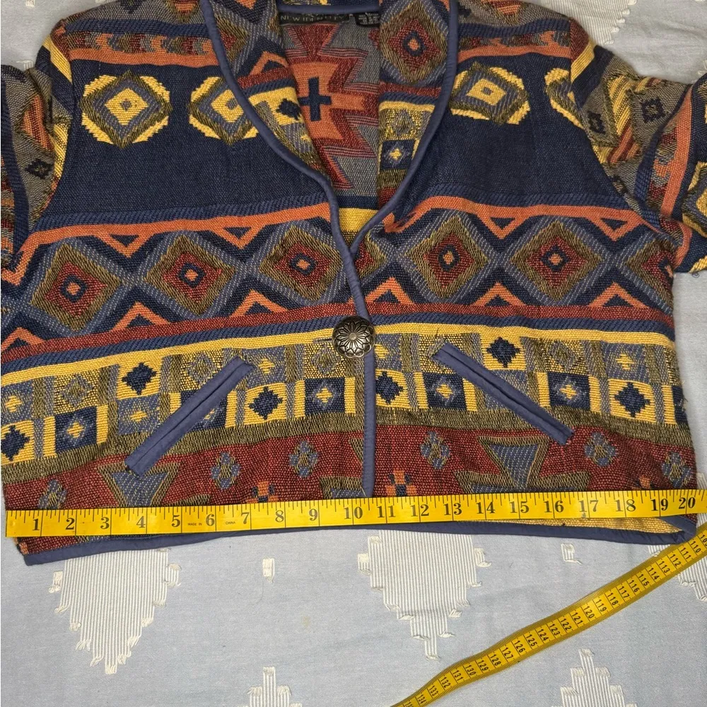 New Identity Blue and Red Geometric Blazer with Open Front Western Style. Size L - Image 10