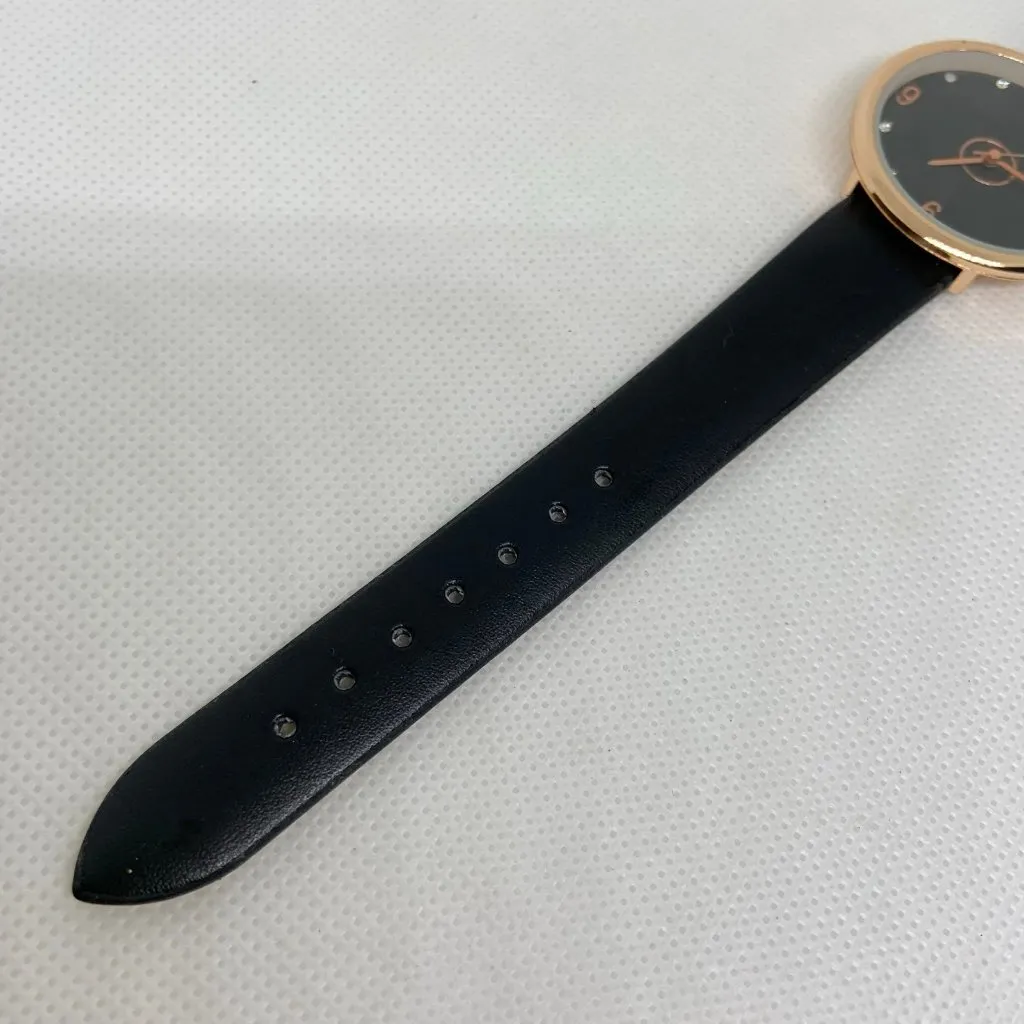 Quartz analog women watch rose gold tone case 25mm black dial leather running - Image 4