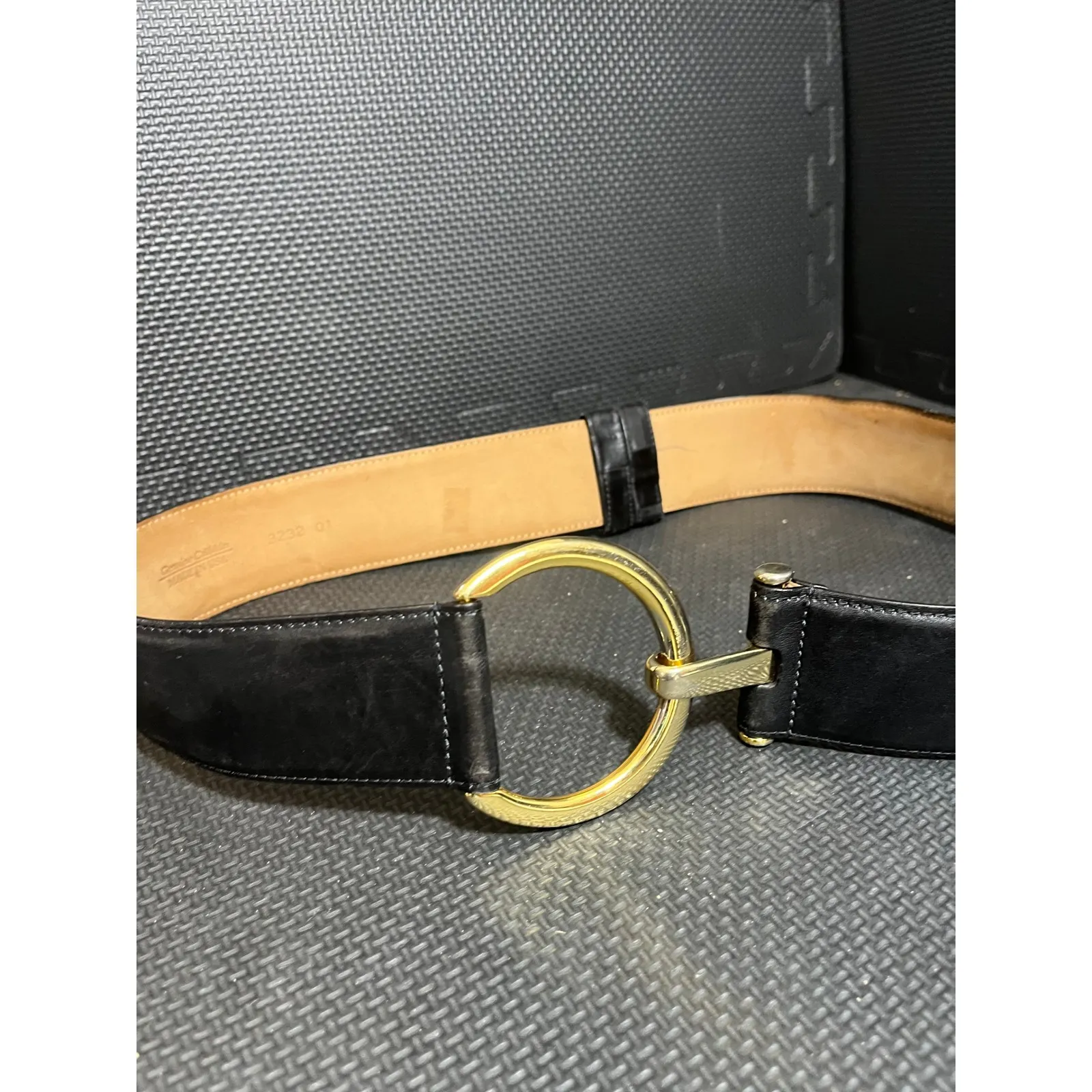 WCM New York Black Leather Belt Gold Circle Buckle Genuine Calfskin Made in USA - Image 2