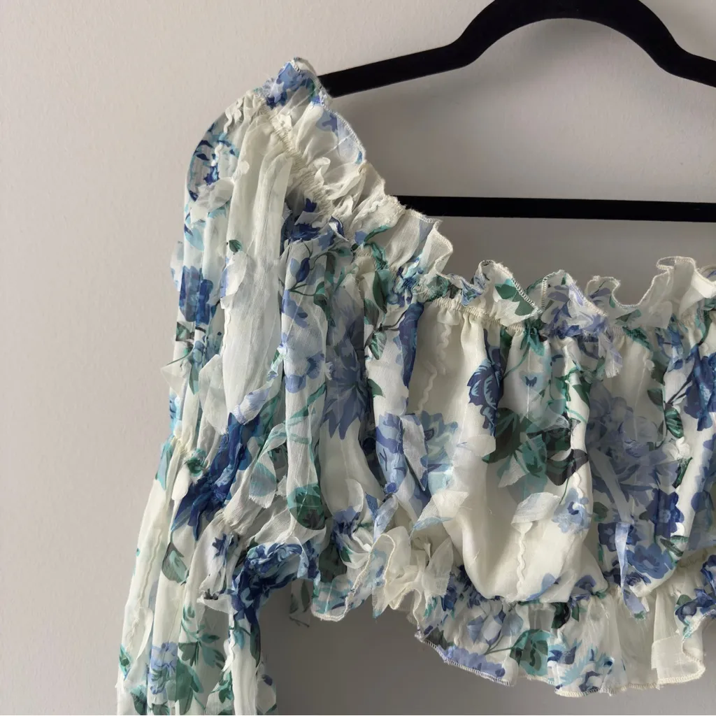 Shein Floral Off-Shoulder Ruffle Top Long Sleeve Cropped Crop Frilly Spring EUC - Image 6