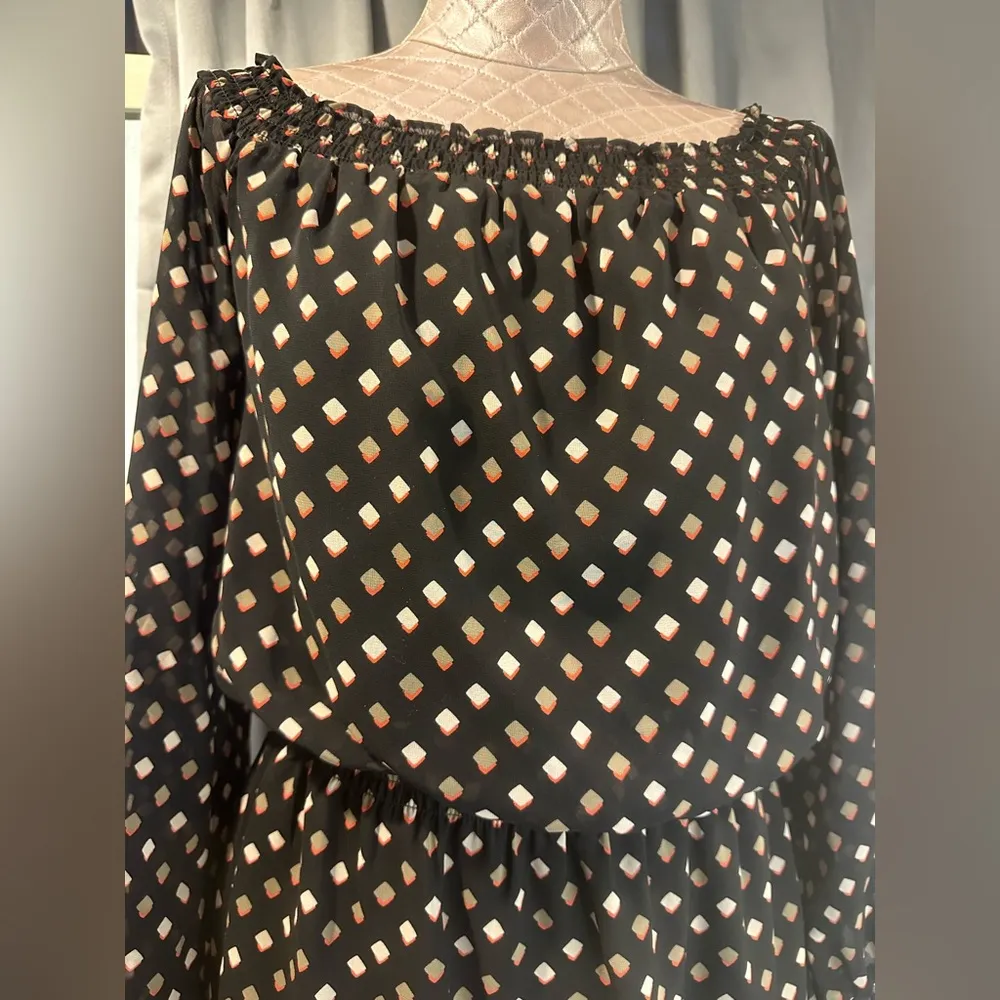 Diamond Print Chiffon Dress Sz Small Black Long Sleeve - Image 3